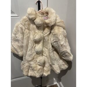 Vtg Camilla Kids Faux Fur Cream Coat hood Pom Pom Buttons Italy TG 26 US Girls 4